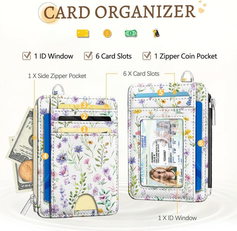 Kelvoris Flowers Credit Card Holder Small Wallet Women, Floral Slim RFID Blocking Wallet Woman Keychain with Zipper Coin Pocket, Front Pocket Thin Travel Card Case Organizer with ID Window Ladies Gift - Image 3
